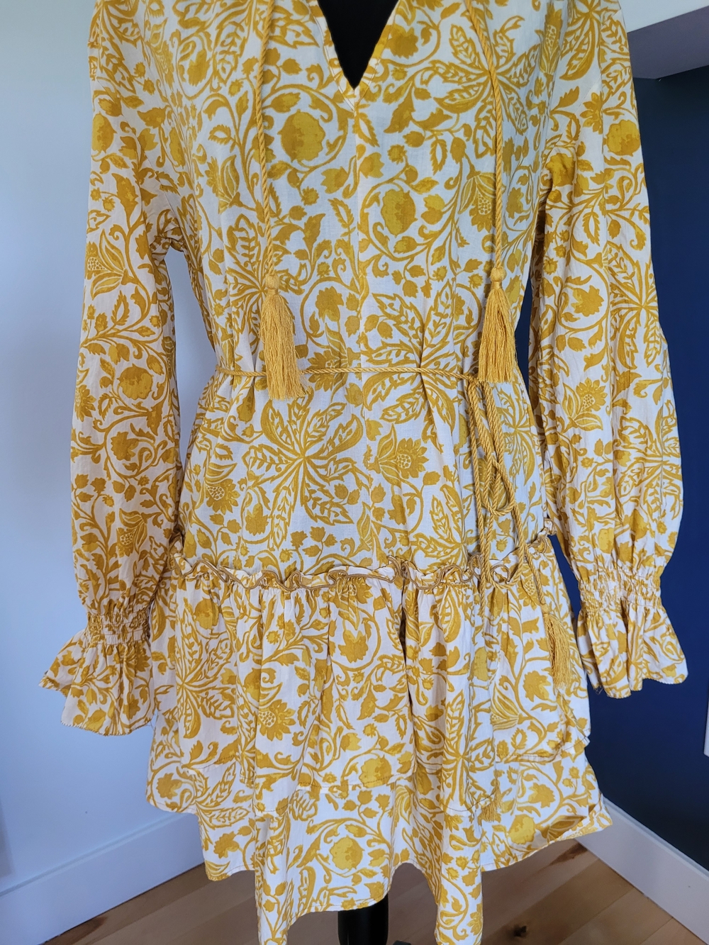 H&M 100% Cotton Top/Dress Yellow/White Floral Tie-Waist Long Sleeve XS -Like New - Picture 5 of 14
